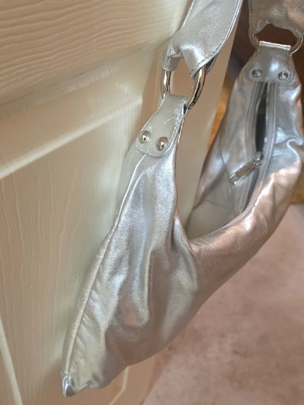 HOBO Silver Metallic Shoulder Hobo Bag (Top & 1 Side Zip)